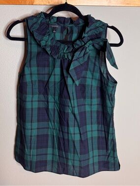 Talbots Green and Navy Plaid Ruffle-Neck Sleeveless Blouse